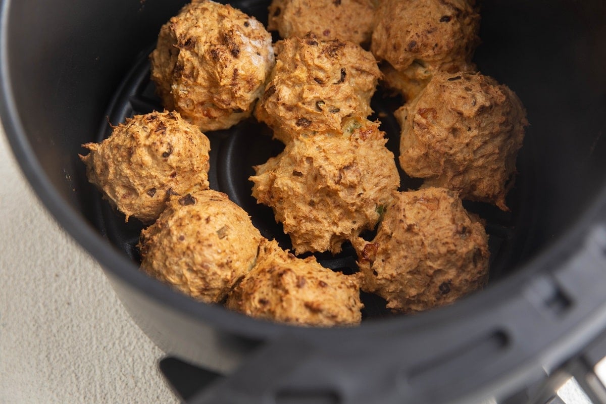 Cooked air fryer turkey meatballs in an air fryer.