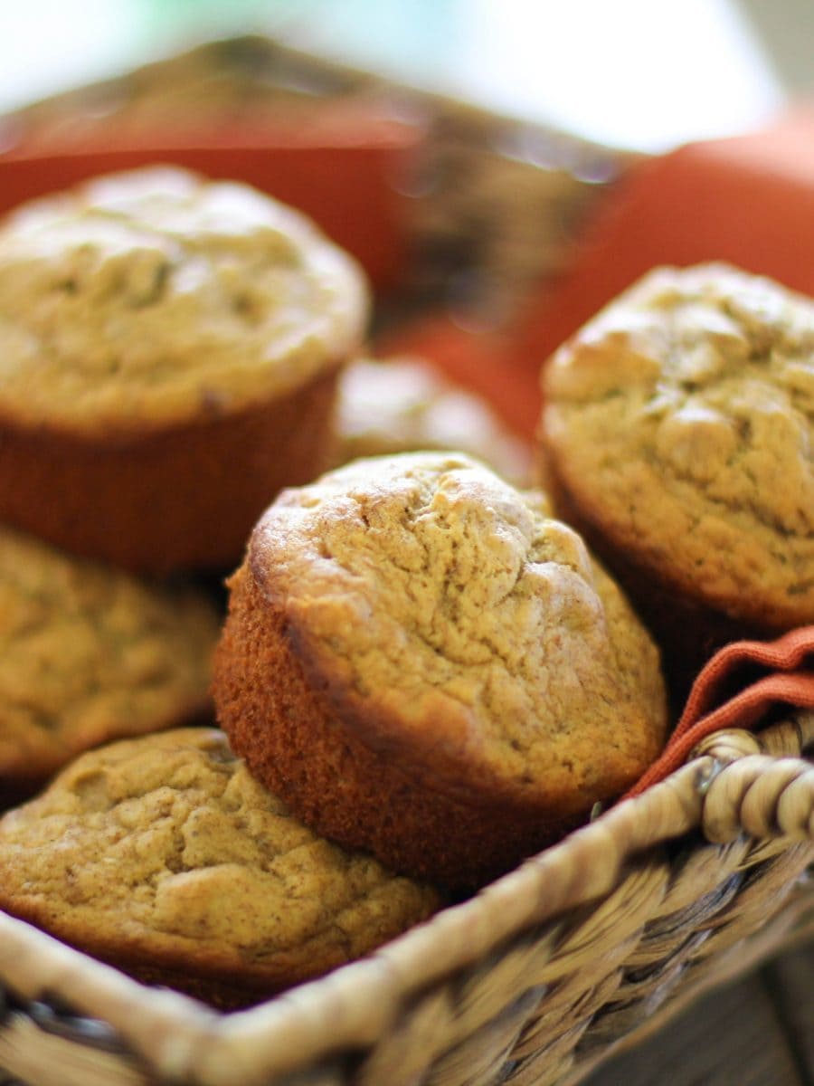 Basket of banana walnut muffins, ready to eat.