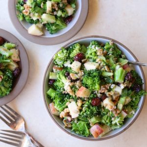 One large bowl full of broccoli salad and two little plates with broccoli salad. Ready to serve.