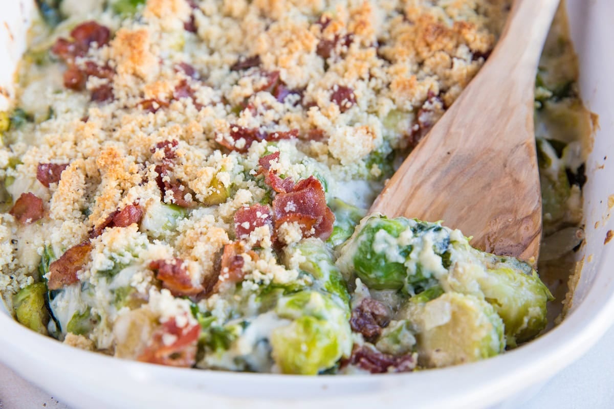 Cheesy Brussel Sprouts Au Gratin in a large casserole dish.