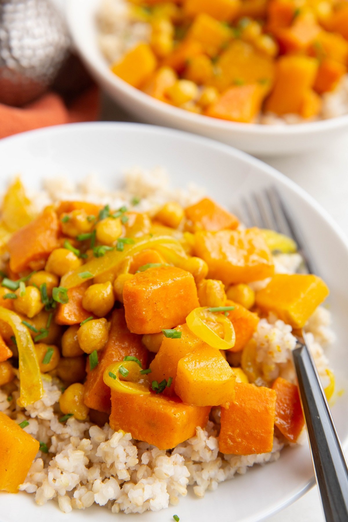 Butternut Squash and Yam Curry on top of brown rice in a white bowl.