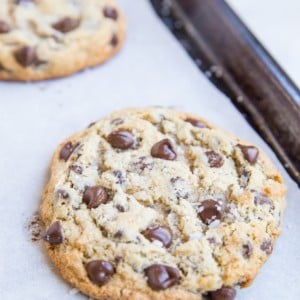 large low-carb chocolate chip cookies sitting on a baking sheet, ready to eat.