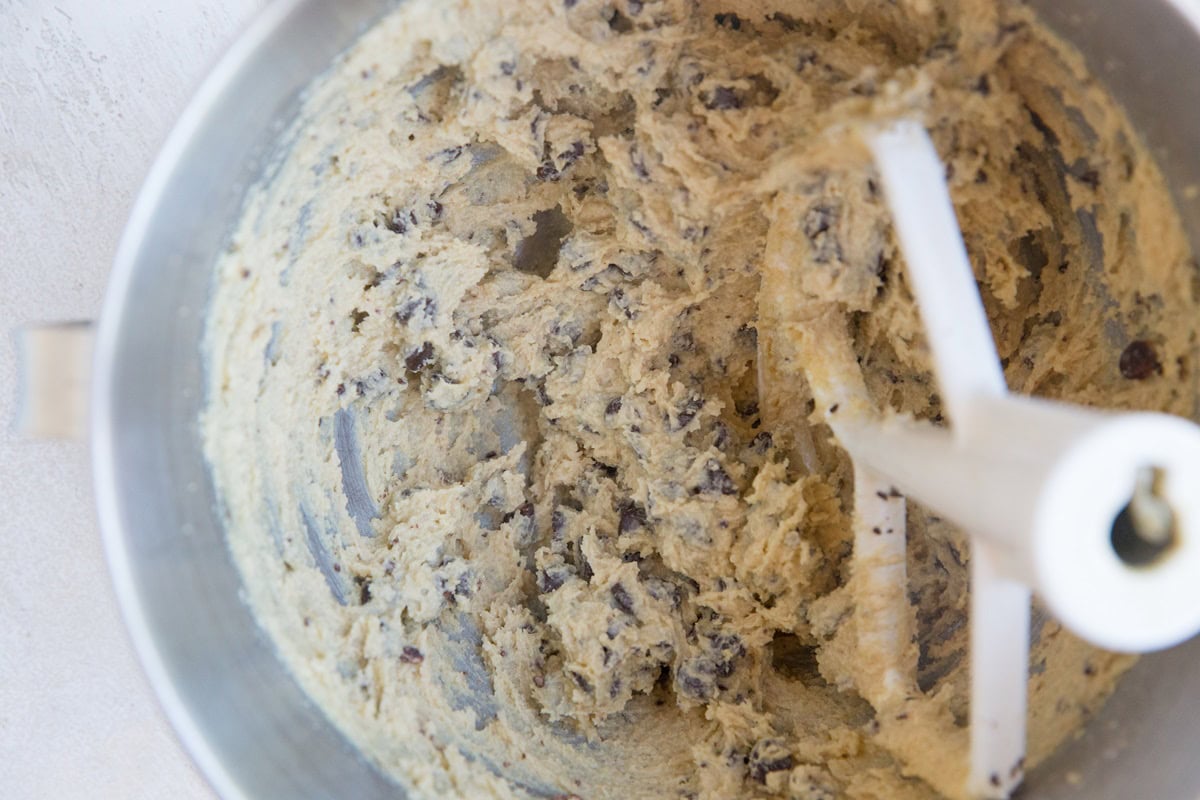 Keto chocolate chip cookie dough in a stand mixer