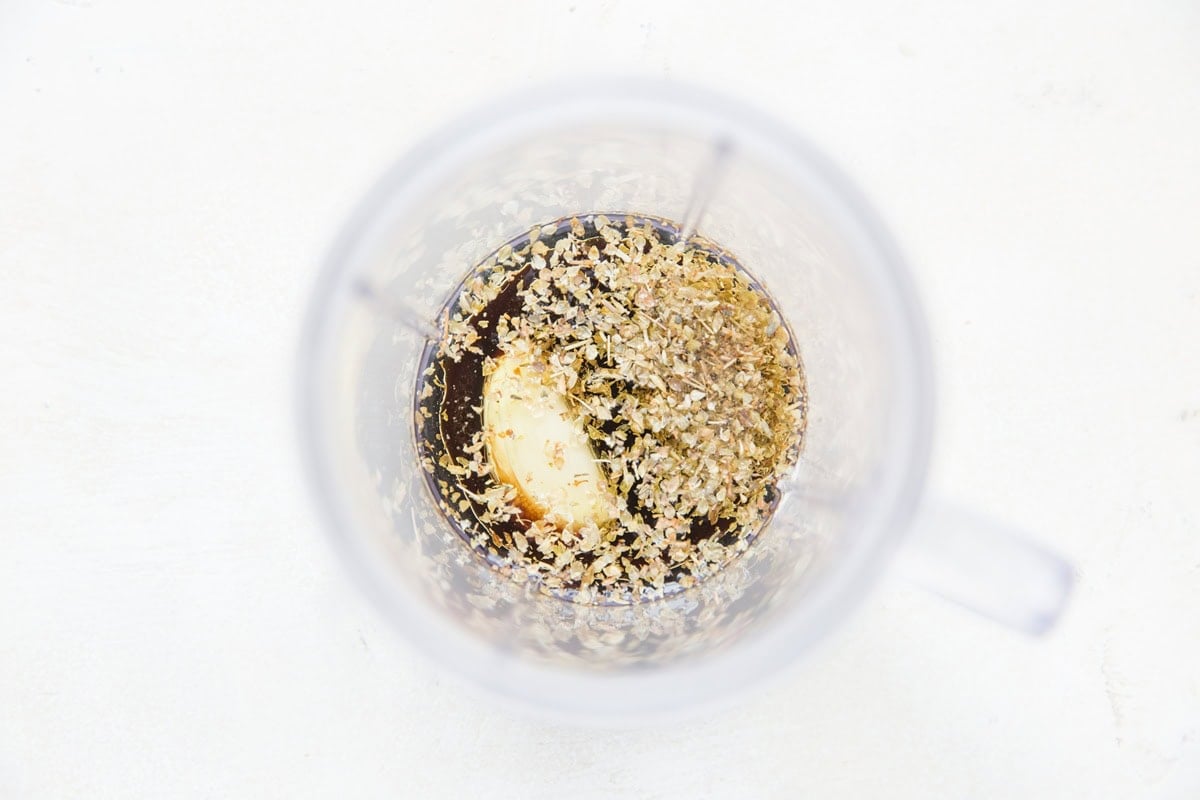Ingredients for balsamic marinade in a small blender, ready to blend.