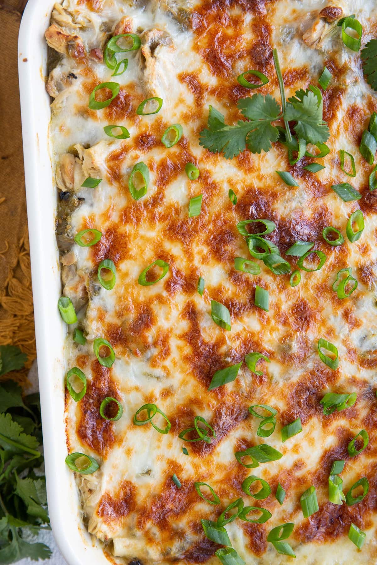 Casserole dish of salsa verde chicken enchiladas, sprinkled with green onion and cilantro.