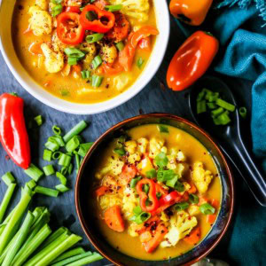 Two bowls of coconut curry soup.