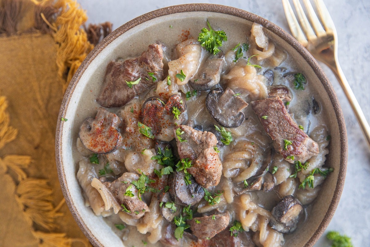 Bowl full of noodles, beef and creamy mushroom sauce.