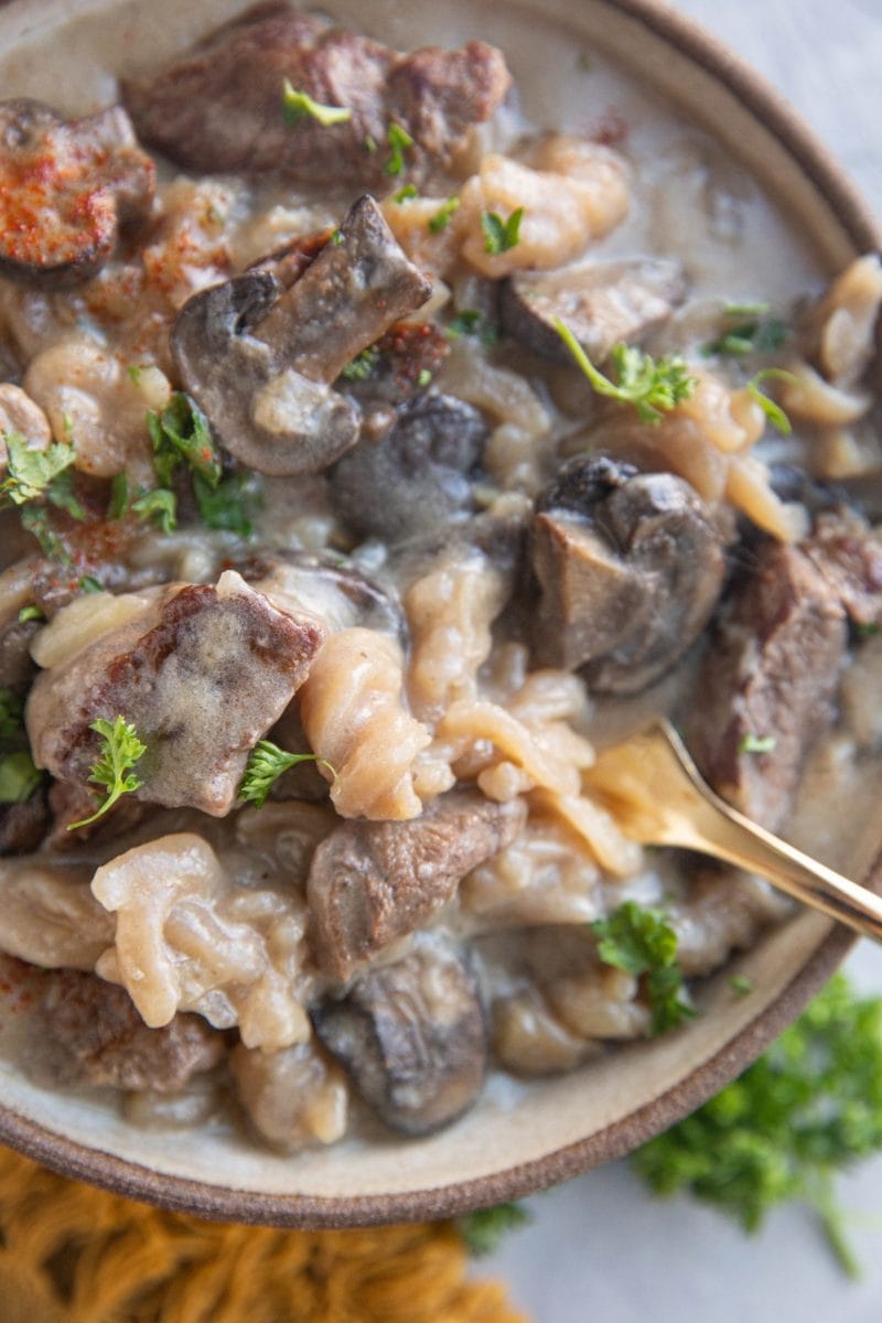 Beefy creamy noodles in a dairy-free mushroom sauce in a bowl with a golden fork.