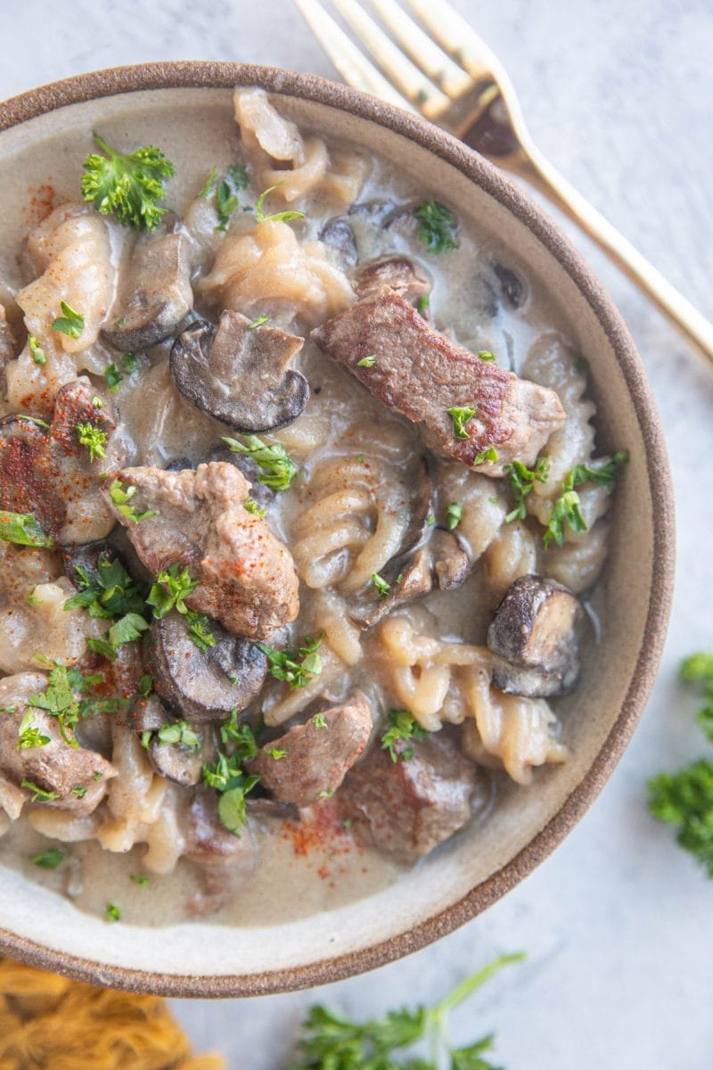 Gluten-Free Dairy-Free Beef Stroganoff in a bowl, ready to eat.