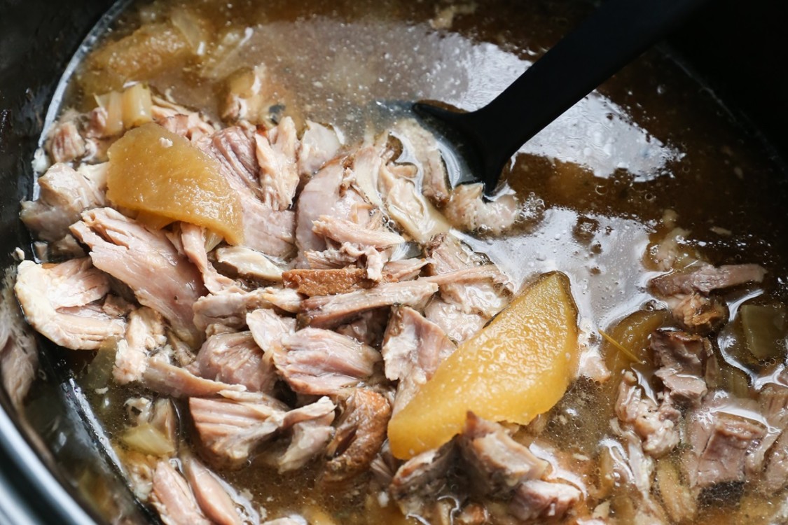 Crock Pot Pulled Pork & Apple Bowls with Sauteed Kale and Avocado | TheRoastedRoot.net #healthy #dinner #recipe #almostpaleo