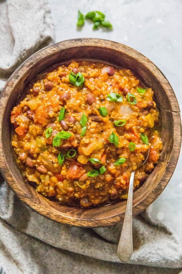 Wooden bowl full of pumpkin chili