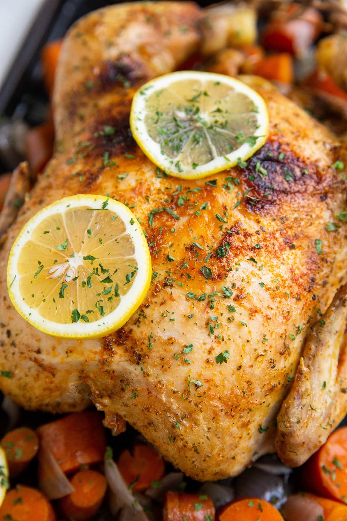 Whole chicken on a large baking sheet with veggies and sliced lemon.