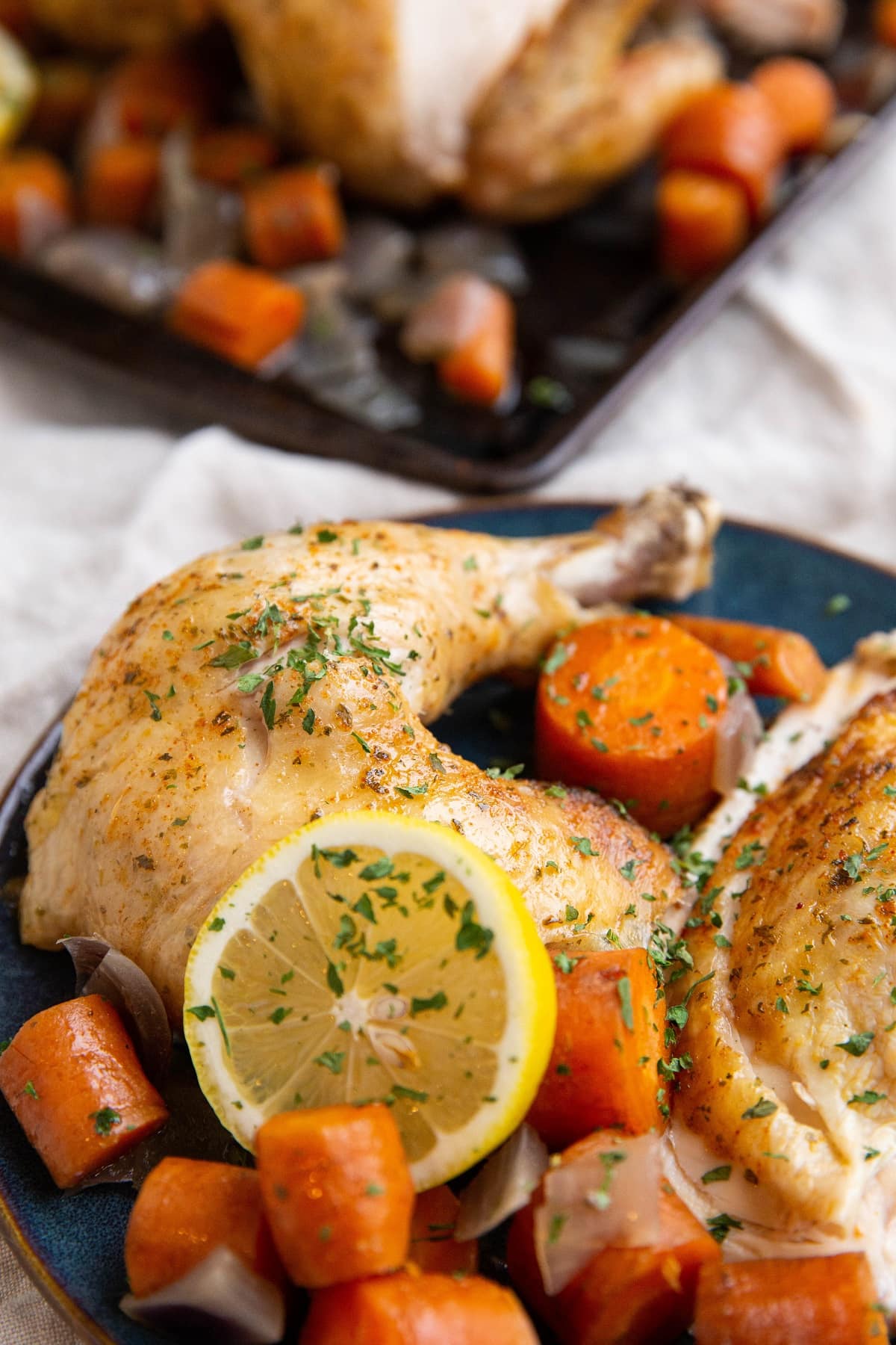 Chicken pieces on a plate with vegetables, ready to serve.