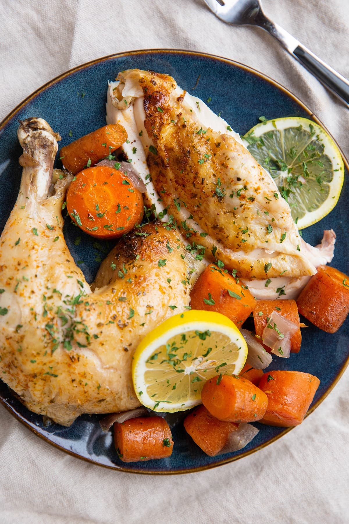 Chicken pieces on a blue plate with vegetables and slices of lemon.