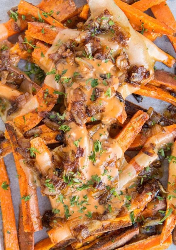 Animal Style Fries - homemade copycat In & Out Fries animal style with baked sweet potato fries