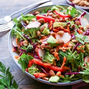 Big bowl of salad with fresh vegetables, almonds, avocado and lemon-parsley dressing. A purple napkin and fresh parsley to the side.