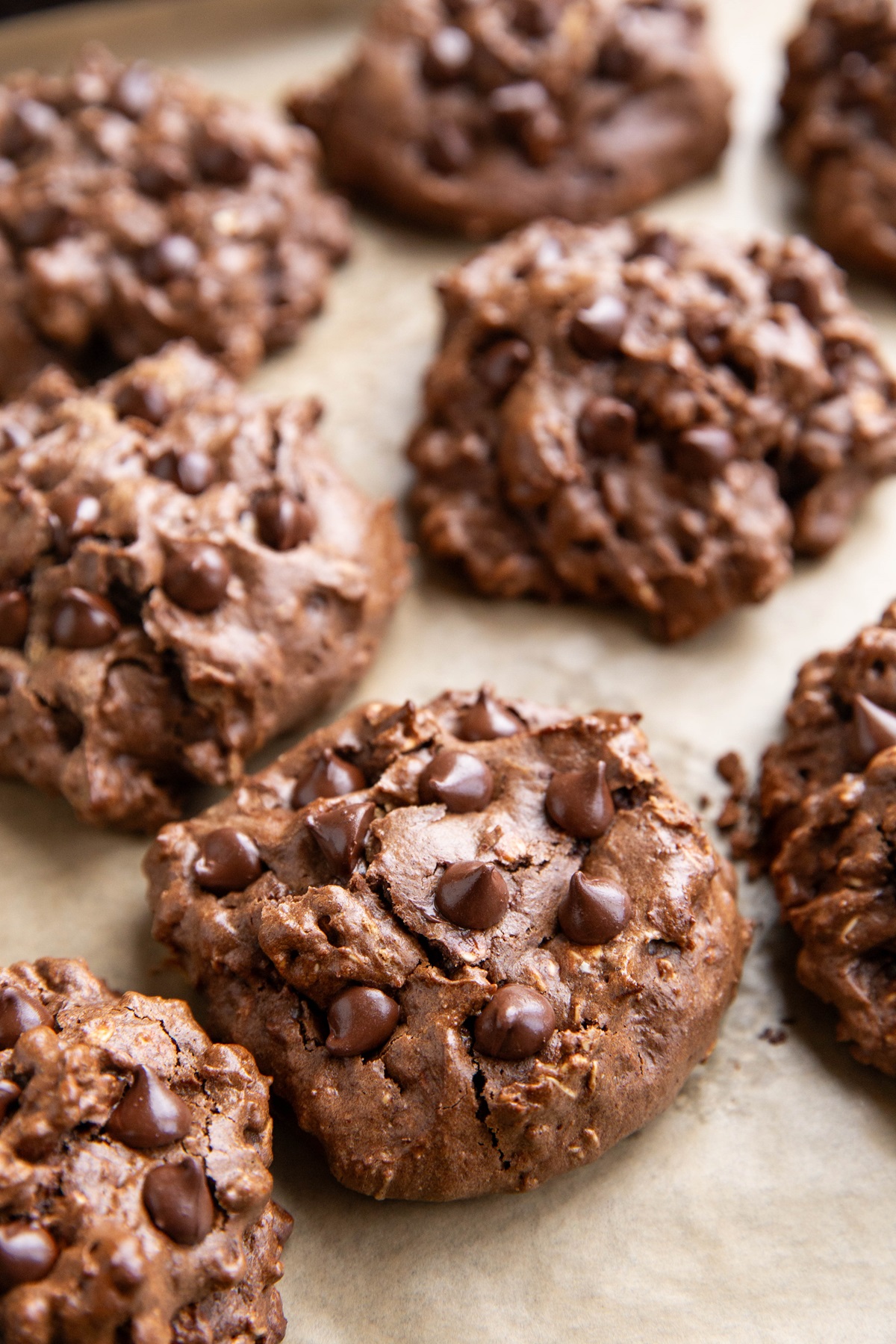 Baking sheet of chocolate peanut butter oatmeal cookies