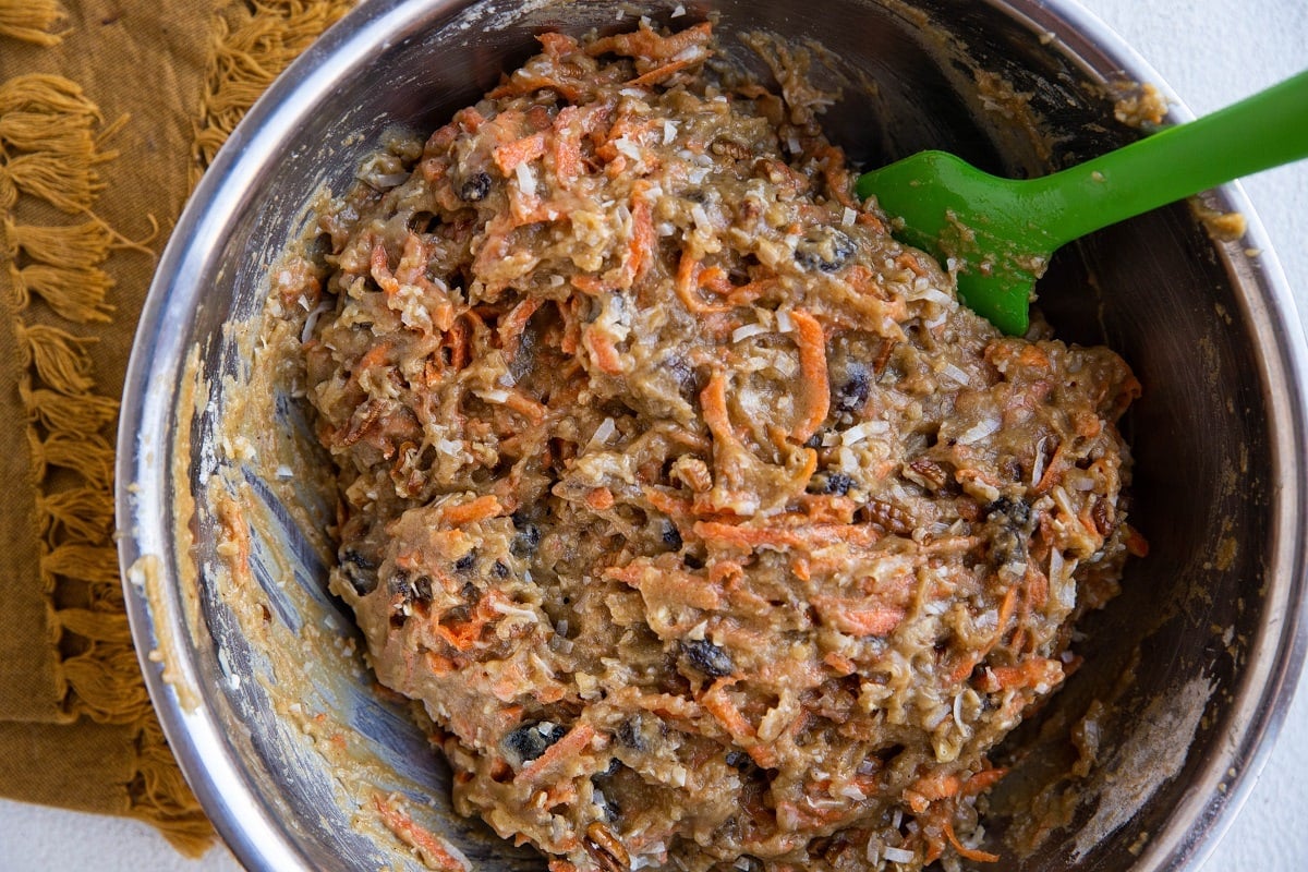 Mixing bowl with carrot cake batter. Ready to be baked into cake.