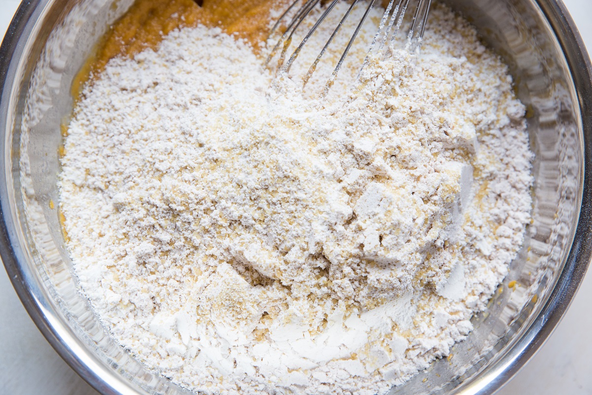 gluten free flour blend on top of pumpkin batter.