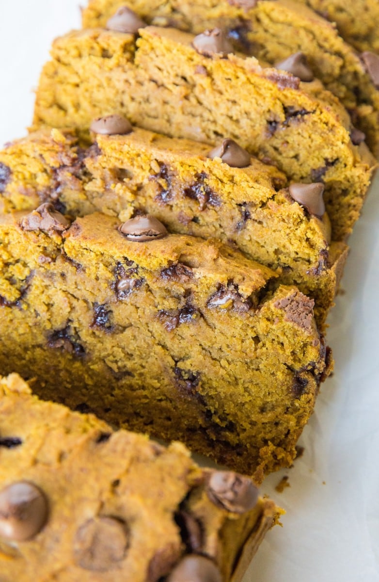 Gluten-free pumpkin loaf sliced into slices with chocolate chips visible.