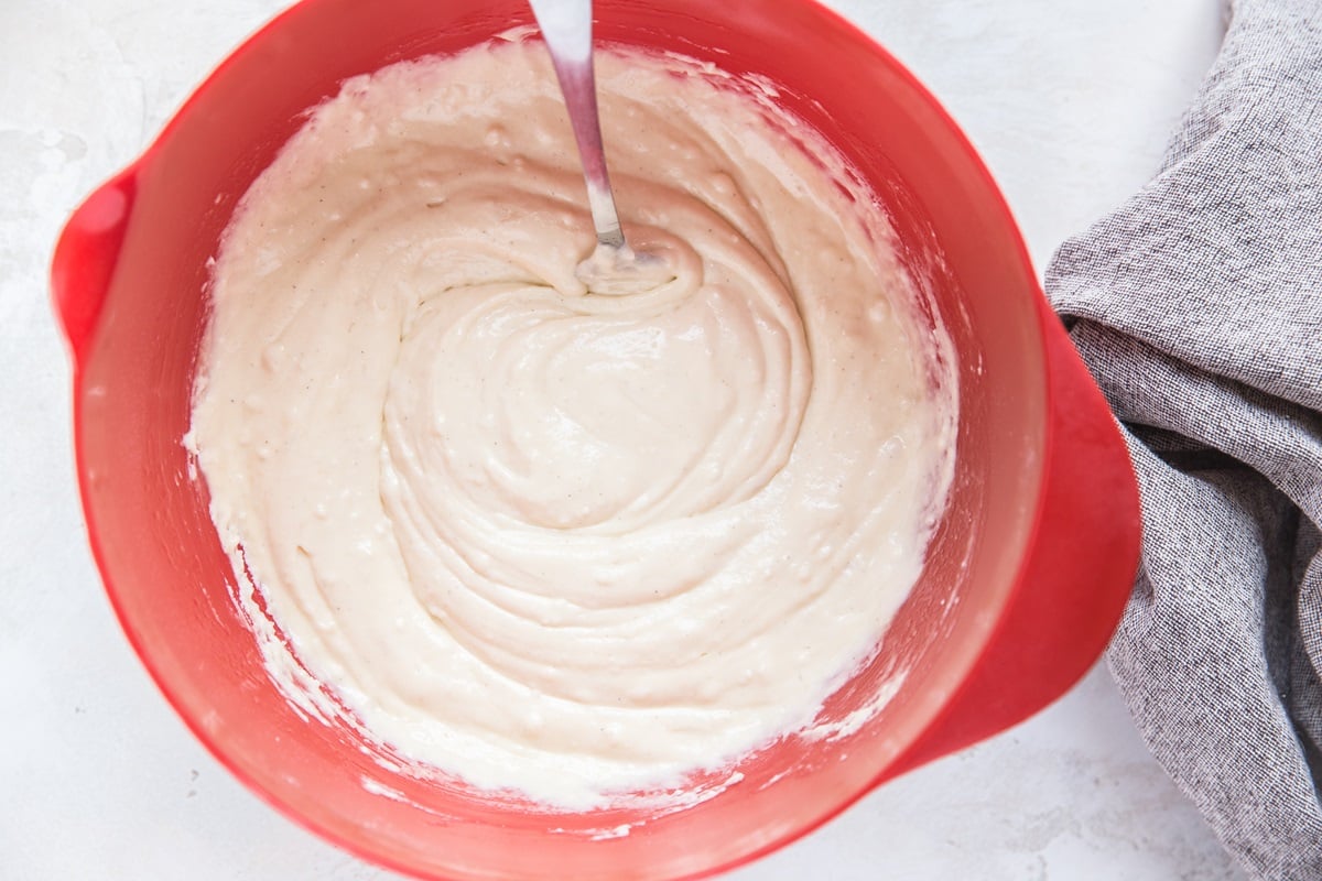 Mixing bowl of sourdough pancake batter inside, ready to cook up on a griddle.