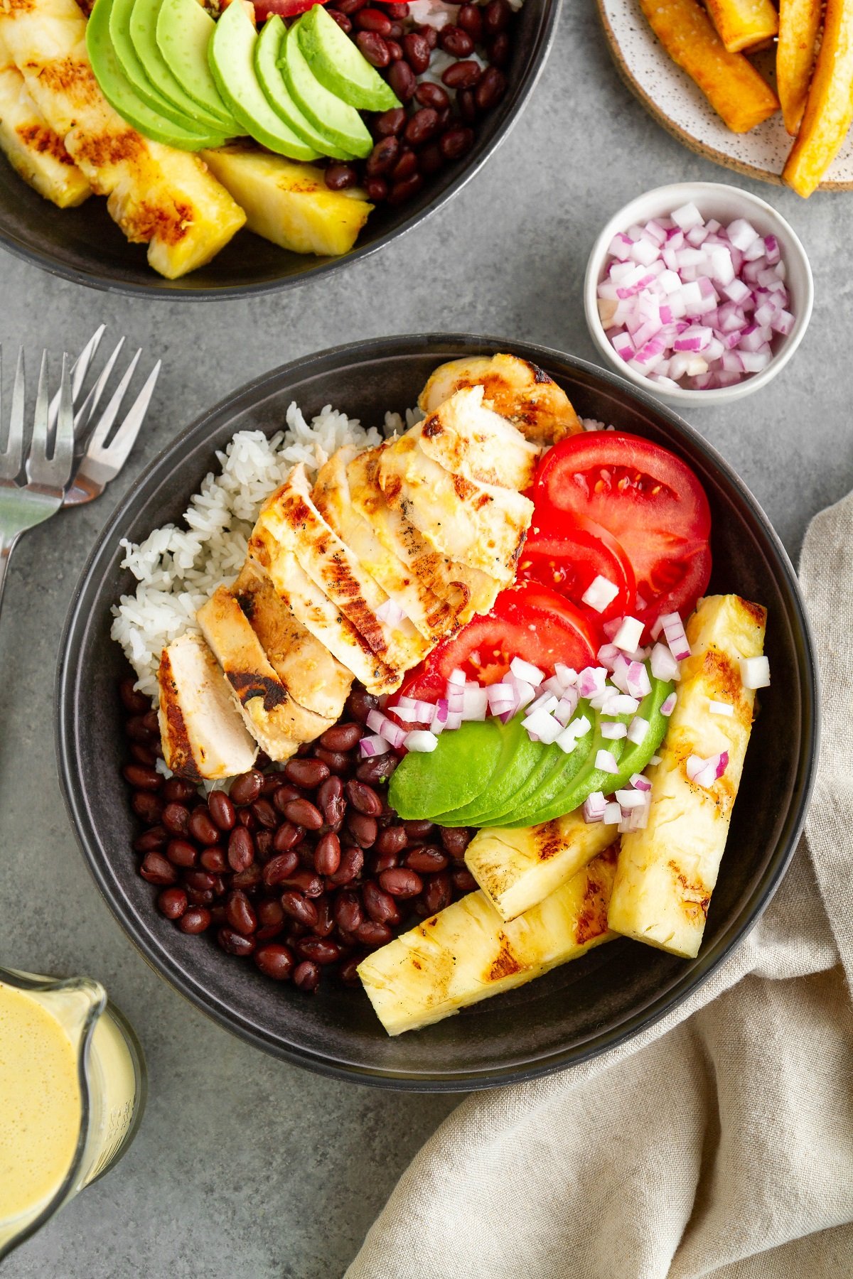 Grilled Cuban Mojo Chicken Bowls with fried plantains and mojo sauce | TheRoastedRoot.net #healthy #dinner #recipe #glutenfree #bbq