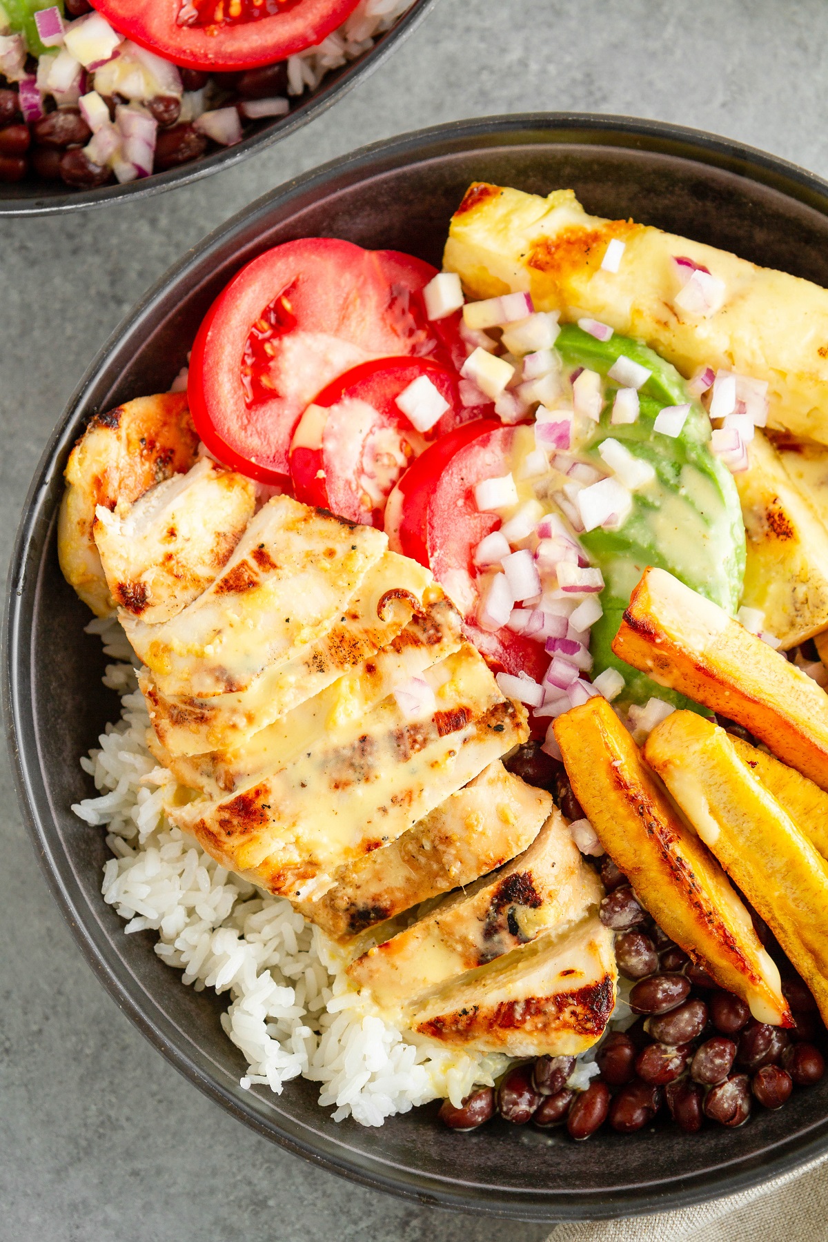 Grilled Cuban Mojo Chicken Bowls with fried plantains and mojo sauce | TheRoastedRoot.net #healthy #dinner #recipe #glutenfree #bbq