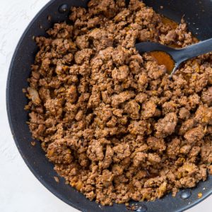 Skillet full of taco meat from homemade taco seasoning, ready to be used in tacos.