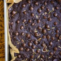 Tray of zucchini brownies fresh out of the oven.