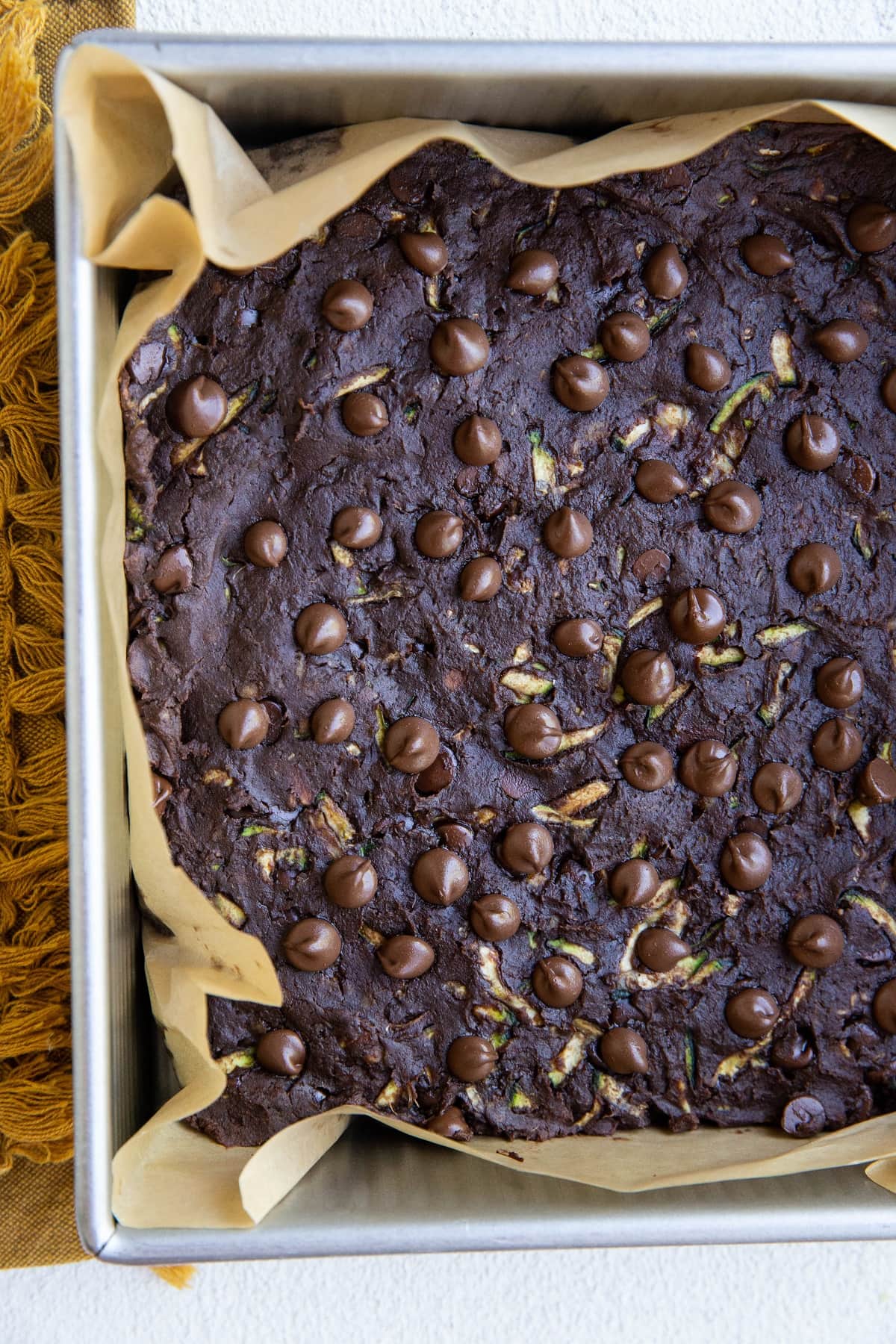 Tray of zucchini brownies fresh out of the oven.