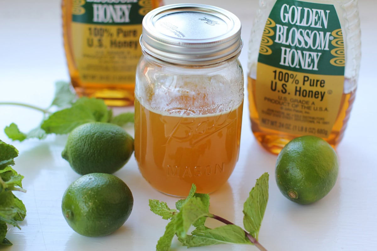 jar of honey syrup for mint mojitos