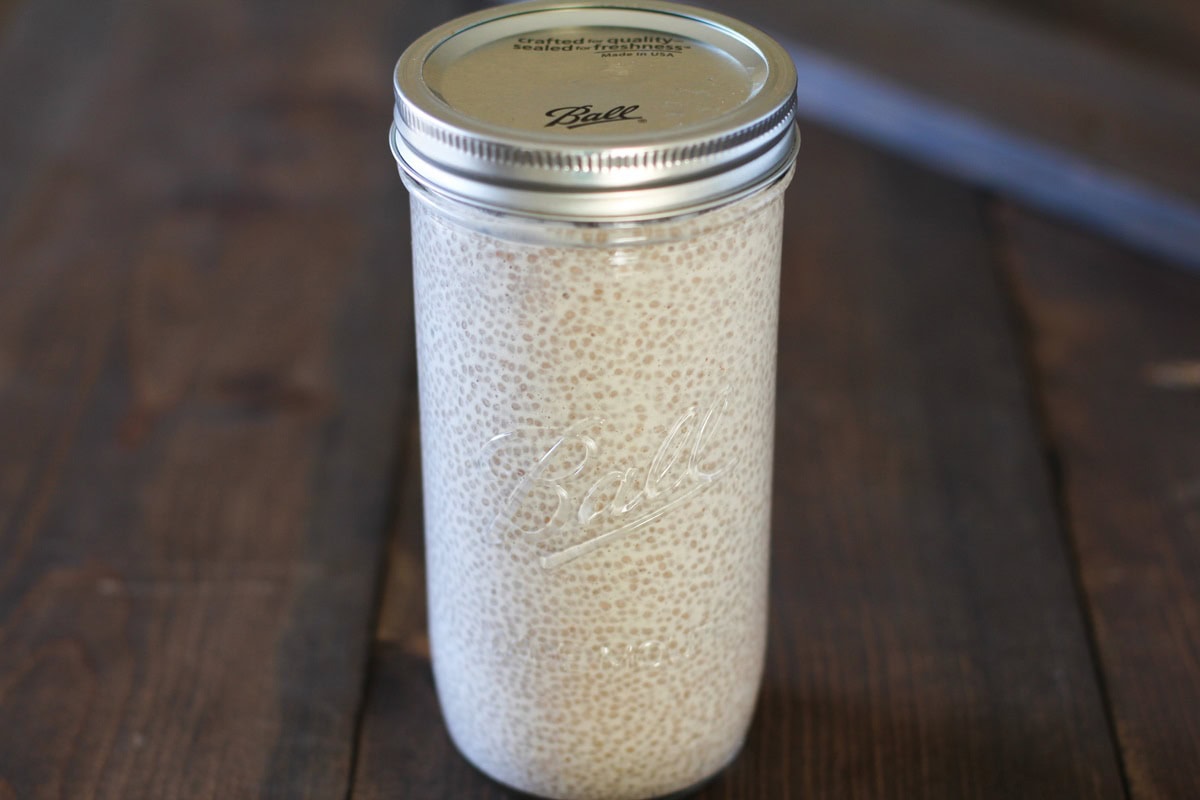 jar full of chia seed pudding, ready to eat.