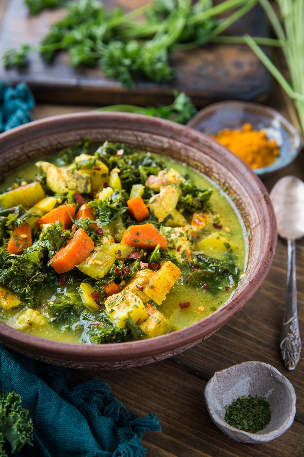 close up turmeric chicken soup