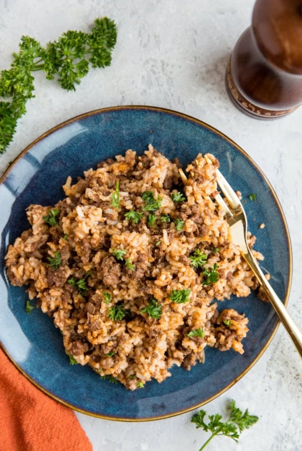 Blue plate of hamburger helper with rice, sprinkled with parsley.