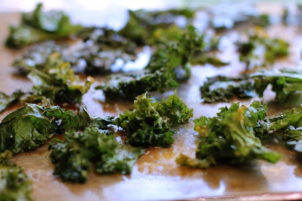 kale chips on a baking sheet, fresh out of the oven.