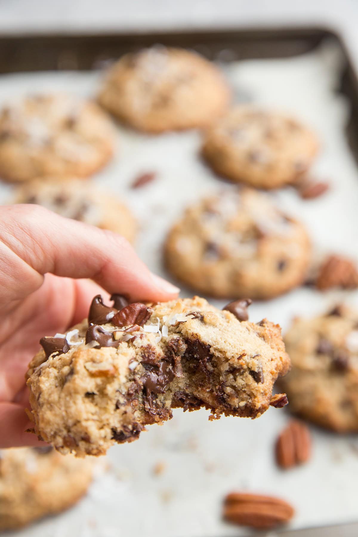 Grain-Free Sugar-Free Chocolate Chip Cookies with pecans and shredded coconut - Laura Bush Cowboy Cookies made keto friendly