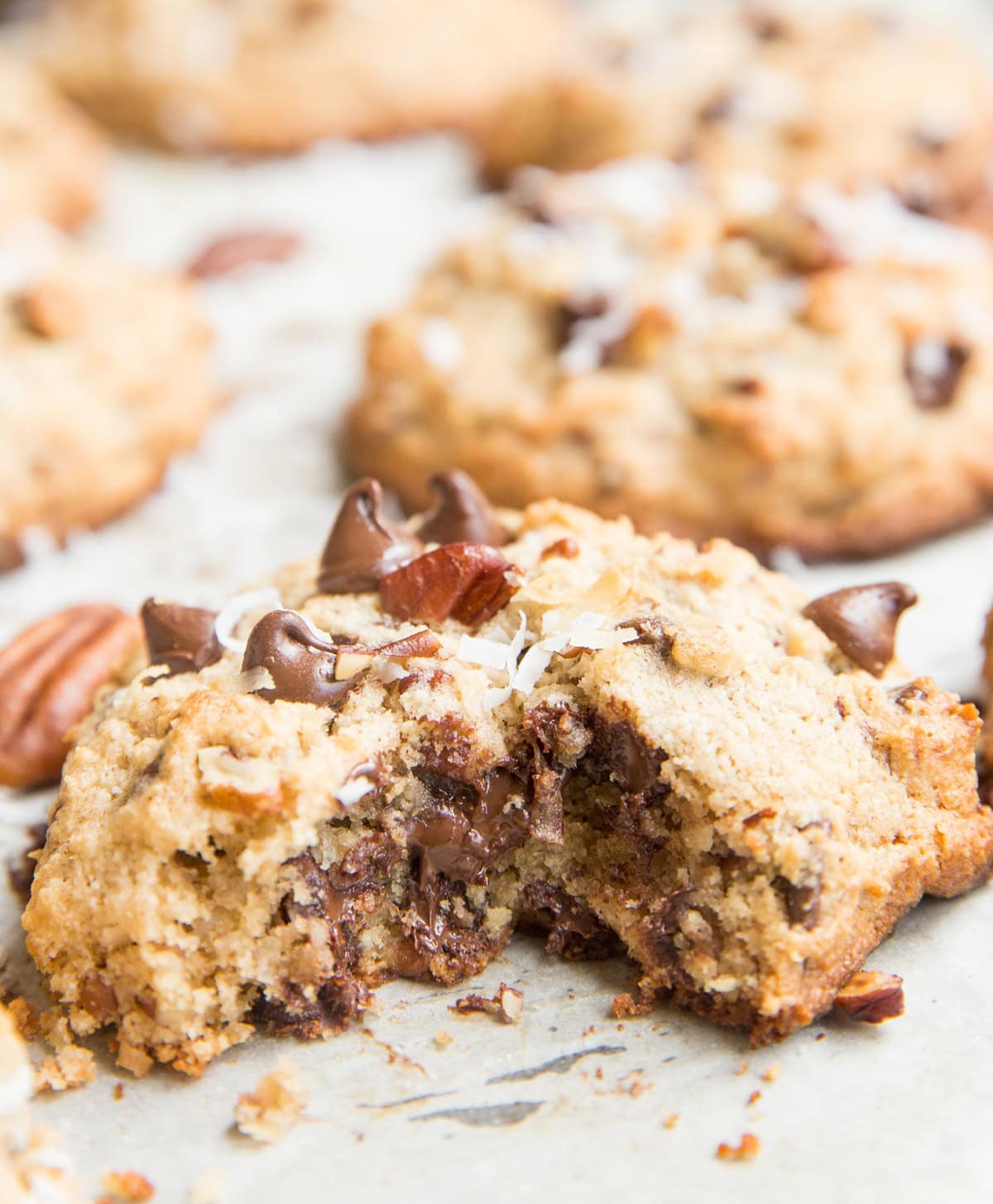 Keto Cowboy Cookies made with almond flour - amazing chocolate chip cookies, pecans, shredded coconut, etc. Laura Bush's cowboy cookies made low-carb!