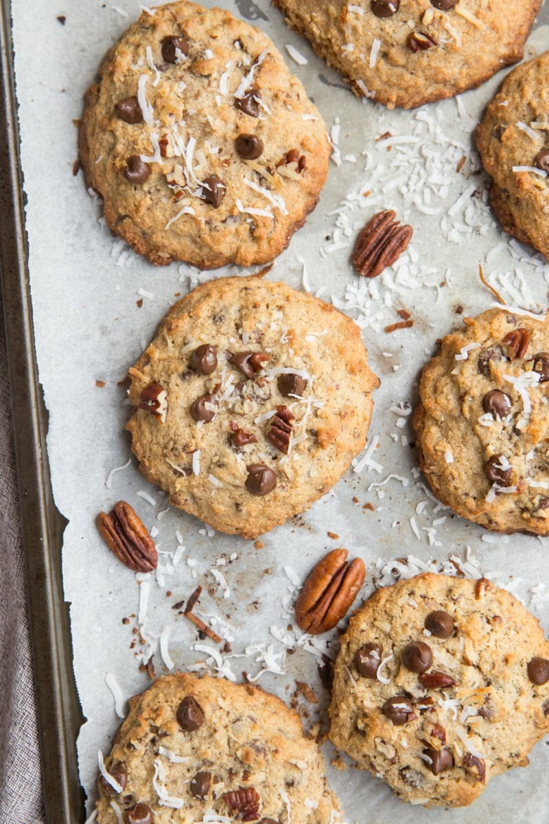 Keto cowboy cookies on a cookie sheet, fresh out of the oven, ready to eat.