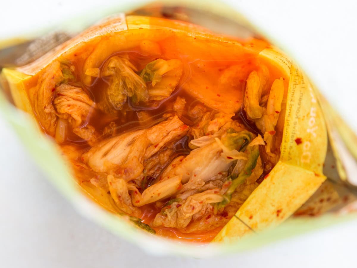 Store-bought kimchi in a bag, ready to eat.