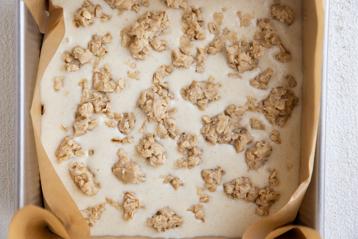 Baking dish with lemon crumb bars, ready to bake.