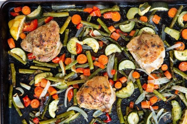 Lemon garlic rosemary sheet pan chicken and vegetables fresh out of the oven.