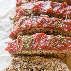 Grain-free meatloaf sliced into individual slices, ready to serve.
