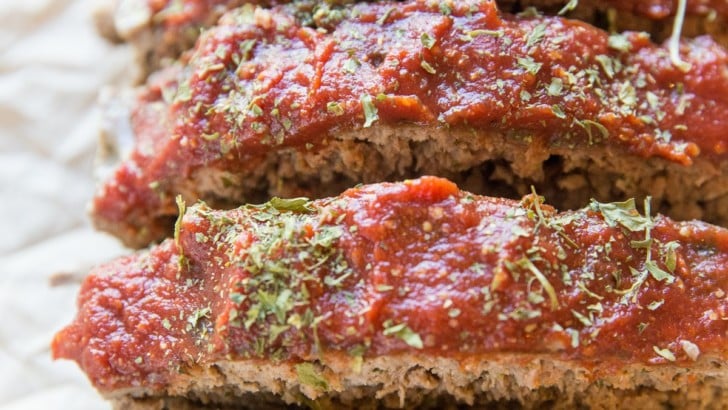 Grain-free meatloaf sliced into individual slices, ready to serve.