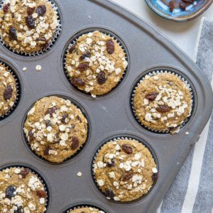 Tray of Oatmeal Raisin Muffins fresh out of the oven.