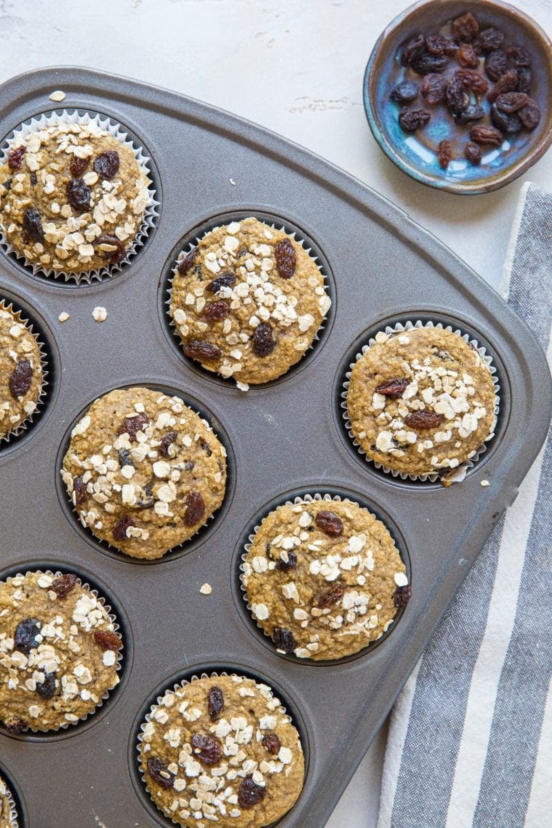 Tray of Oatmeal Raisin Muffins fresh out of the oven.