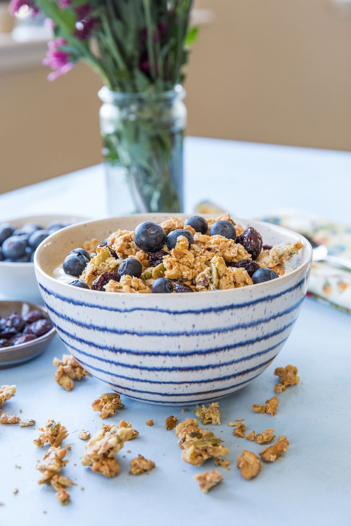 Blue striped bowl of paleo granola and blueberries on top of yogurt