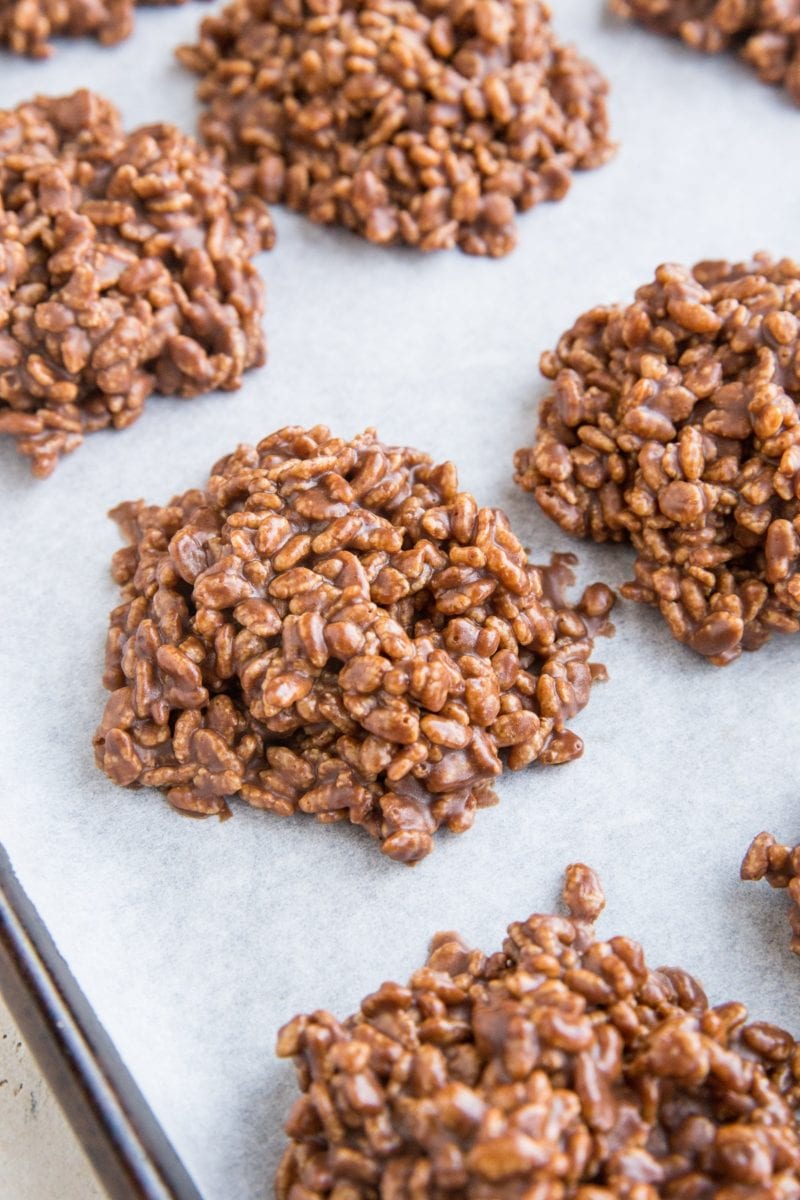 Chocolate peanut butter no bake rice crispy cookies on a baking sheet. Ready to eat!