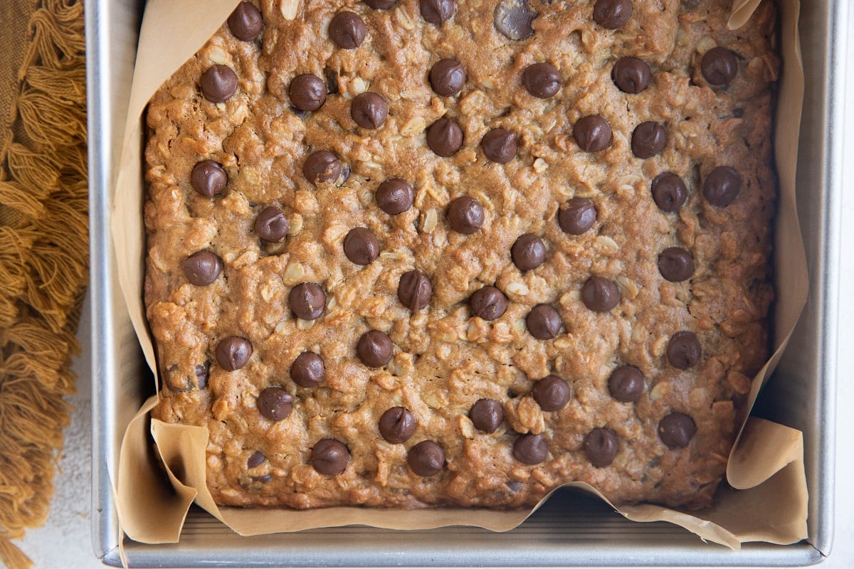 Finished peanut butter oatmeal cookie bars in a baking pan.