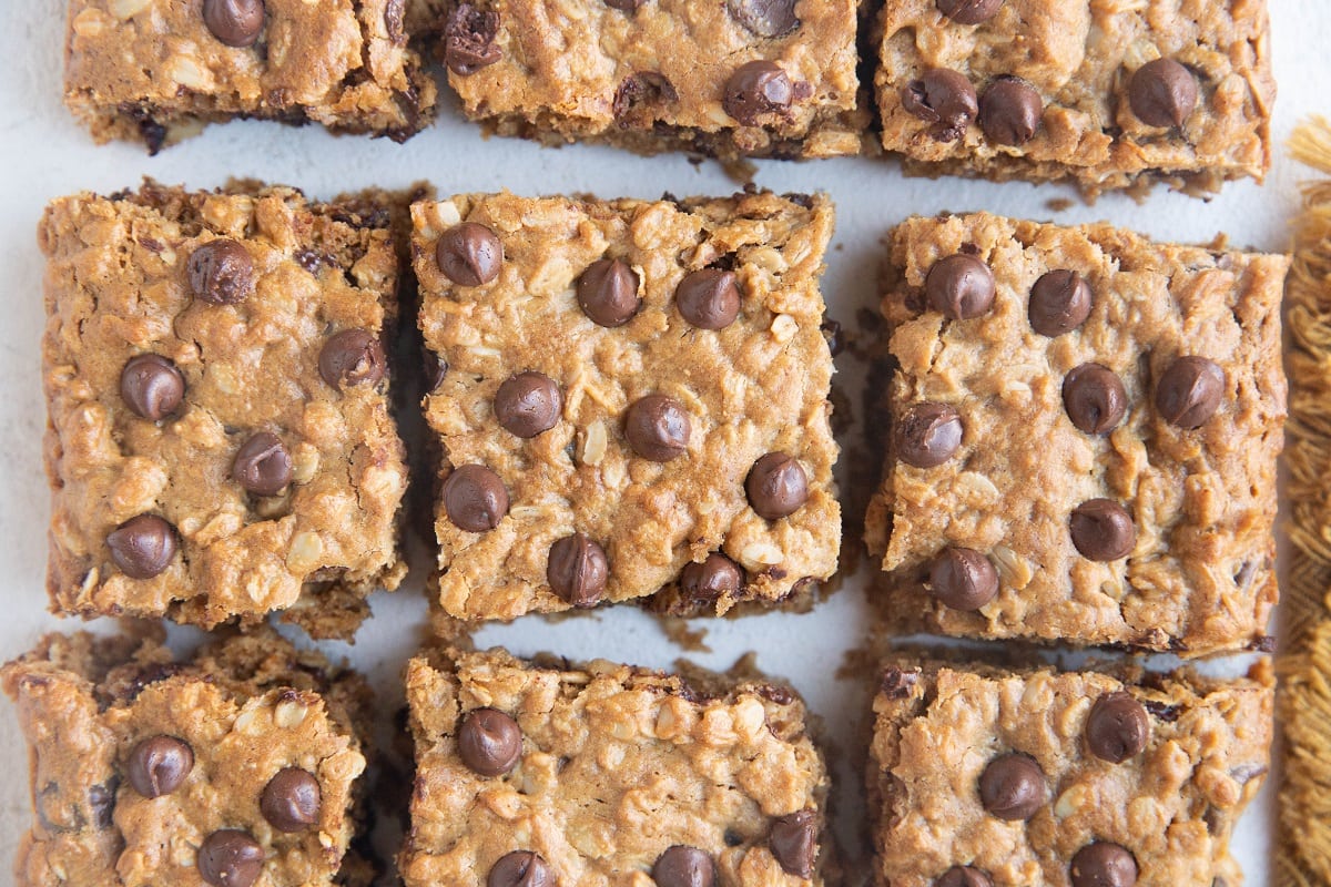 Cut cookie bars on a white background.