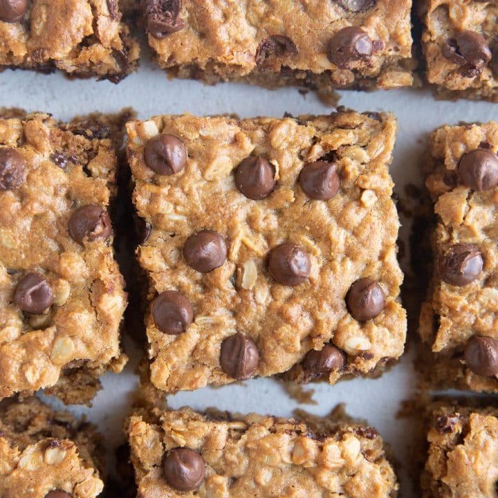 Peanut Butter Cookie Bar squares on a white background.
